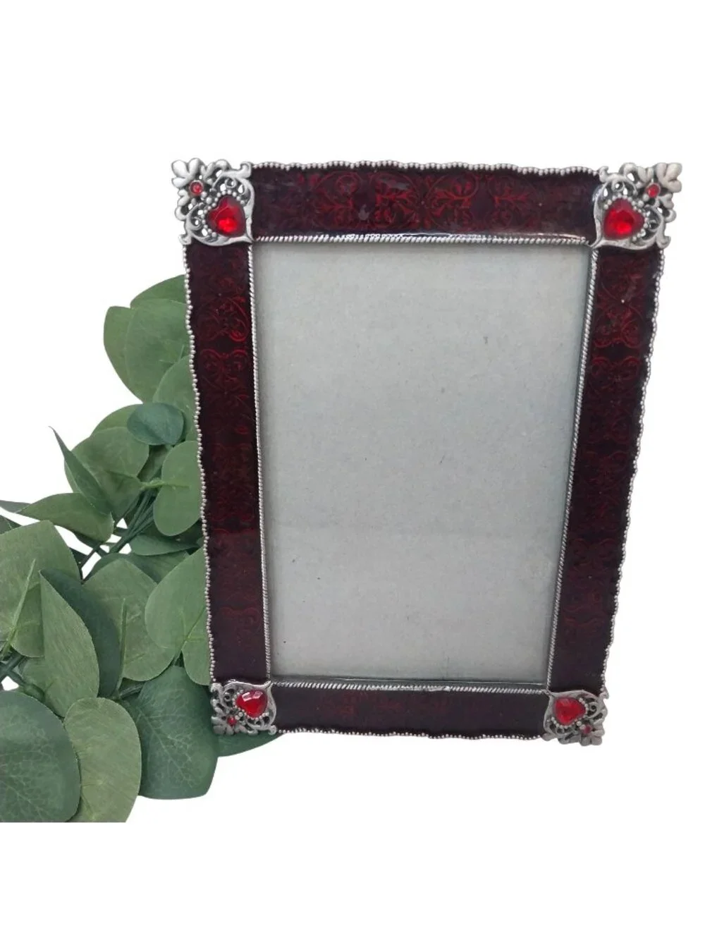 Vintage Enamel Picture Frame Red Silver Ornate Heart Filigree Gem Accents 5x3
